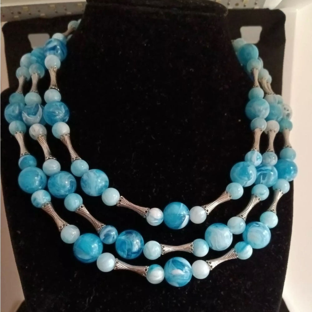 Vintage Coro Turquoise Blue Silver Tone 3 Strand Necklace 14"